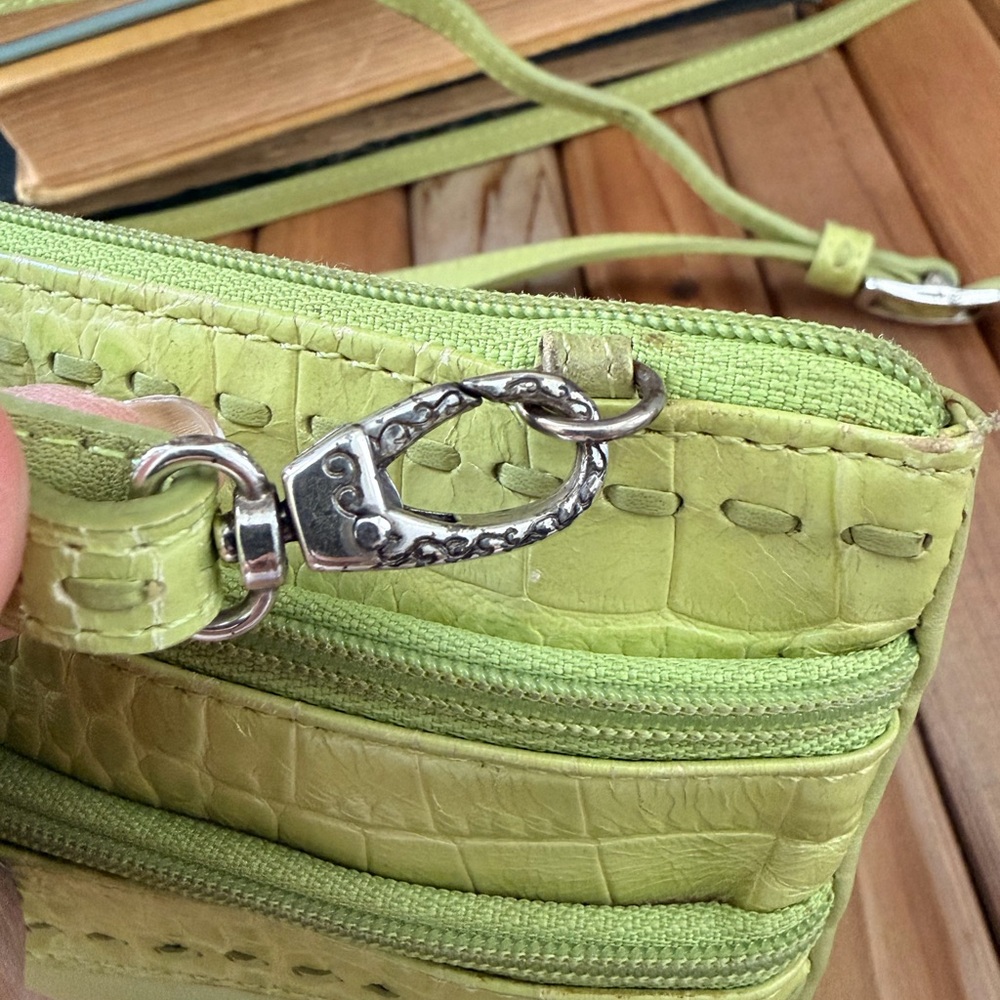 Brighton Lime Green Leather Crossbody Bag Multi Zip Purse w Floral Heart Detail - Picture 5 of 9